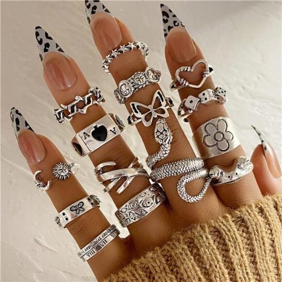 Vintage Silver Open Punk Rings for Men Women, 24PCS Adjustable Rings, Alt Rings - Picture 3 of 8